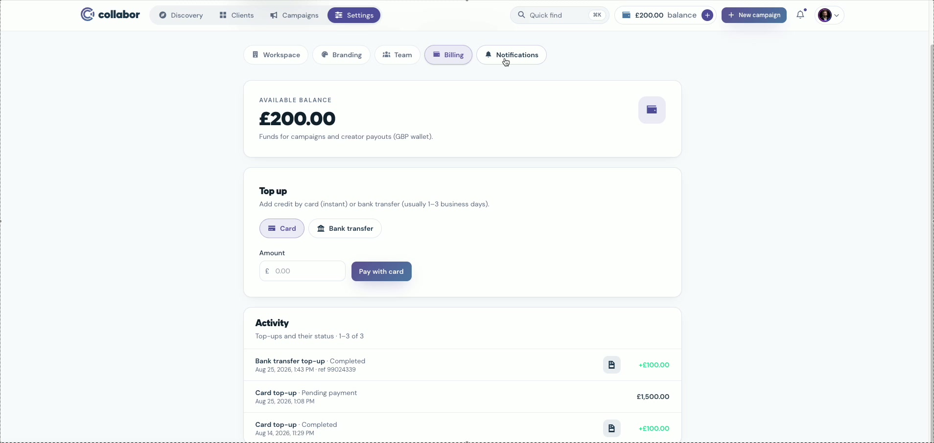Collabor billing settings showing available balance, card top up, bank transfer option and payment activity