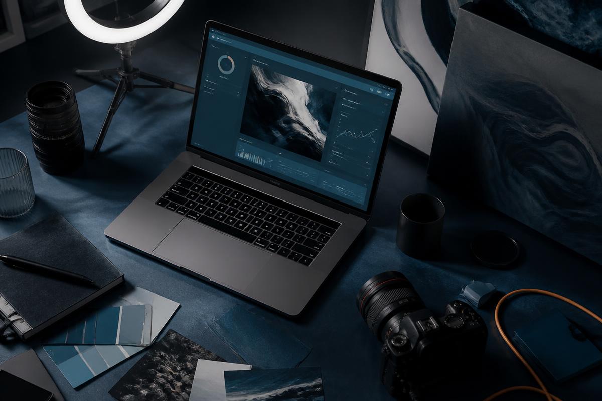 Creative studio desk with a campaign dashboard open on a laptop